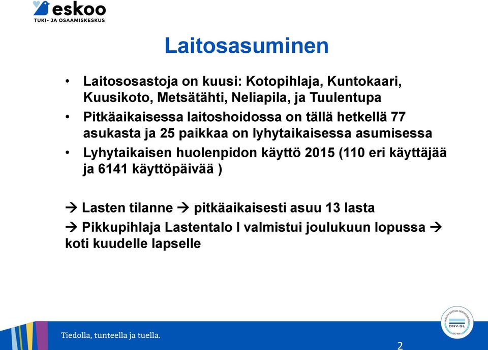 asumisessa Lyhytaikaisen huolenpidon käyttö 2015 (110 eri käyttäjää ja 6141 käyttöpäivää ) Lasten tilanne