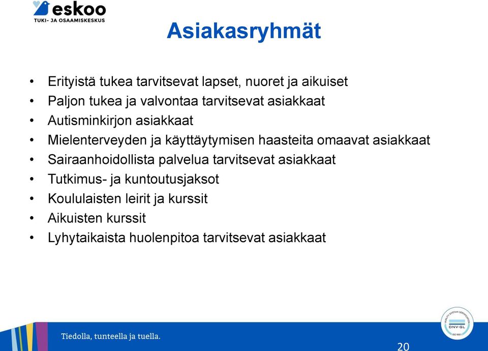 haasteita omaavat asiakkaat Sairaanhoidollista palvelua tarvitsevat asiakkaat Tutkimus- ja