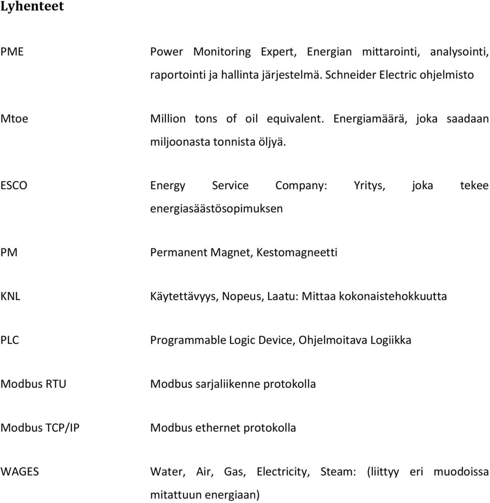 ESCO Energy Service Company: Yritys, joka tekee energiasäästösopimuksen PM Permanent Magnet, Kestomagneetti KNL Käytettävyys, Nopeus, Laatu: Mittaa