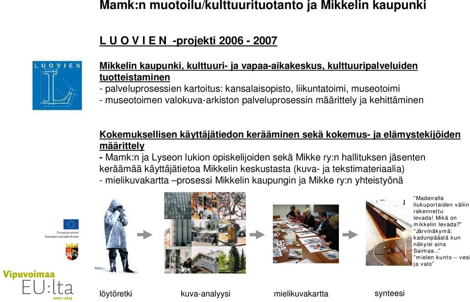 elämystekijöiden määrittely - Mamk:n ja Lyseon lukion opiskelijoiden sekä Mikke ry:n hallituksen jäsenten keräämää käyttäjätietoa Mikkelin keskustasta (kuva- ja tekstimateriaalia) - mielikuvakartta