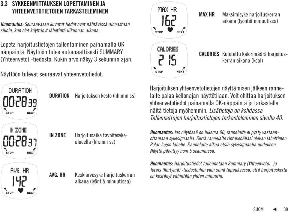 Kukin arvo näkyy 3 sekunnin ajan. CALORIES Kulutettu kalorimäärä harjoituskerran aikana (kcal) Näyttöön tulevat seuraavat yhteenvetotiedot. DURATION IN ZONE AVG.