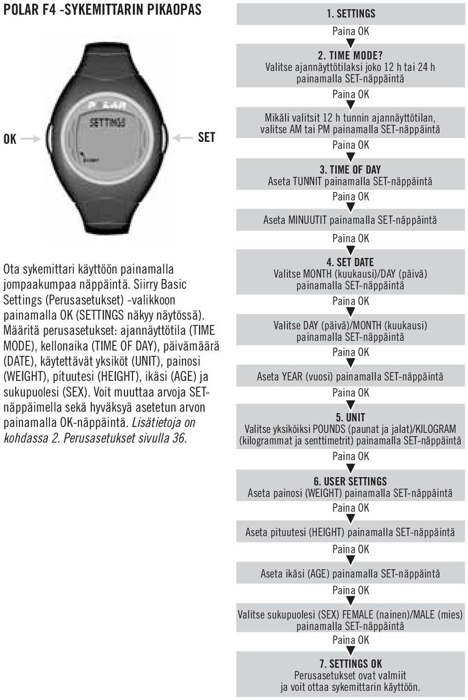 TIME OF DAY Aseta TUNNIT painamalla SET-näppäintä Aseta MINUUTIT painamalla SET-näppäintä Ota sykemittari käyttöön painamalla jompaakumpaa näppäintä.