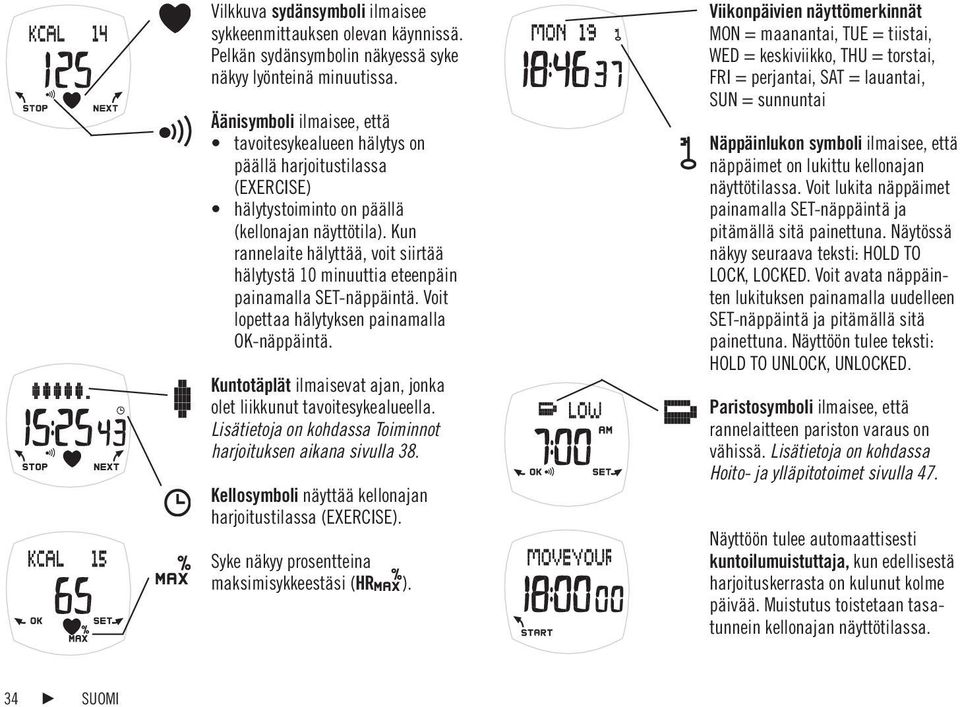 Kun rannelaite hälyttää, voit siirtää hälytystä 10 minuuttia eteenpäin painamalla SET-näppäintä. Voit lopettaa hälytyksen painamalla OK-näppäintä.