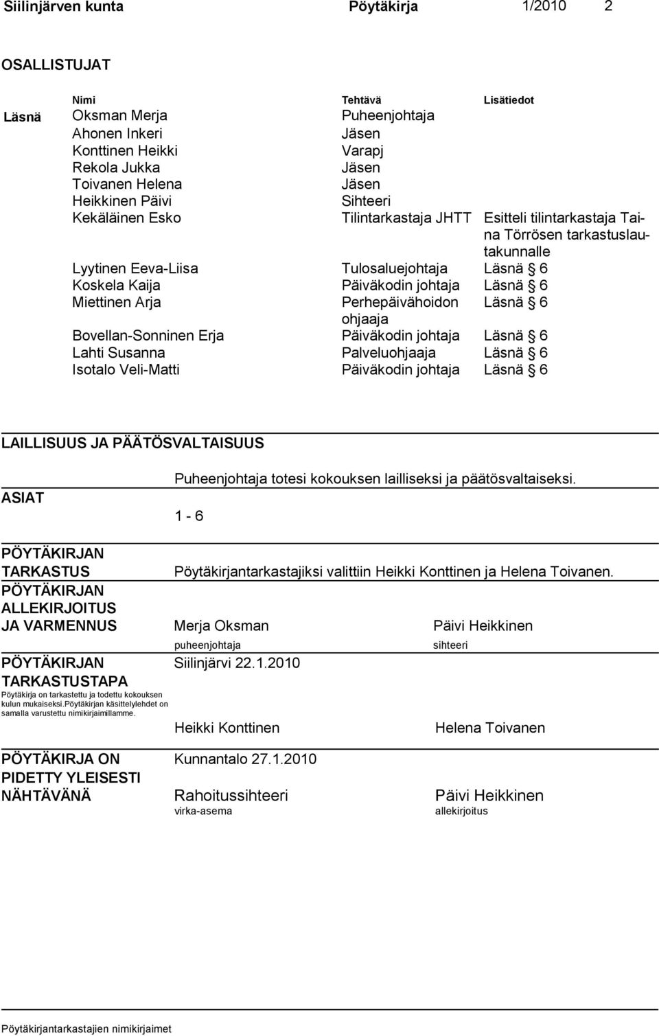 johtaja Läsnä 6 Miettinen Arja Perhepäivähoidon Läsnä 6 ohjaaja Bovellan-Sonninen Erja Päiväkodin johtaja Läsnä 6 Lahti Susanna Palveluohjaaja Läsnä 6 Isotalo Veli-Matti Päiväkodin johtaja Läsnä 6