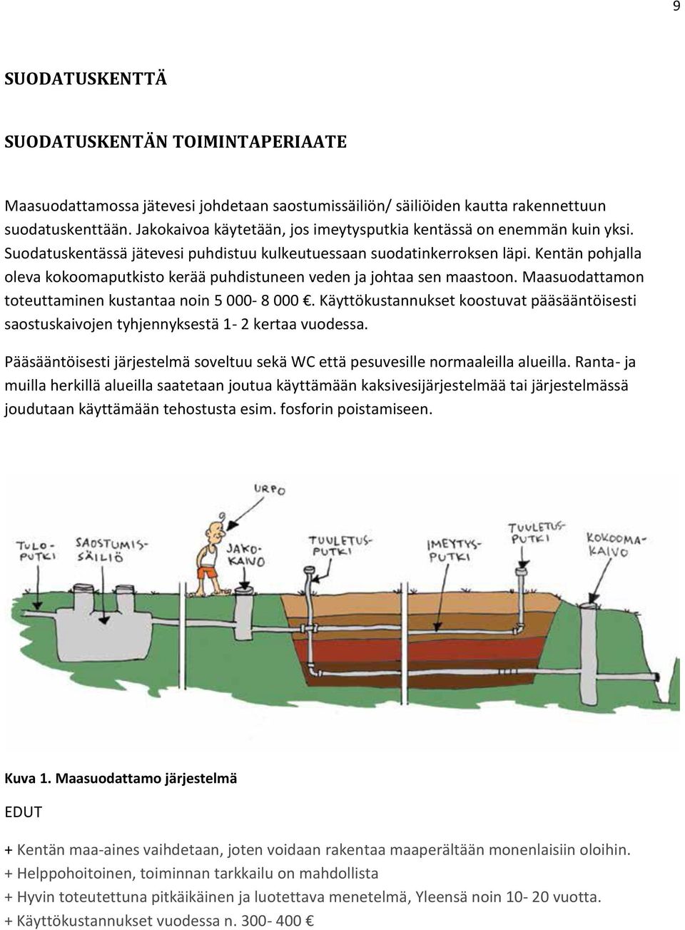 Kentän pohjalla oleva kokoomaputkisto kerää puhdistuneen veden ja johtaa sen maastoon. Maasuodattamon toteuttaminen kustantaa noin 5 000-8 000.