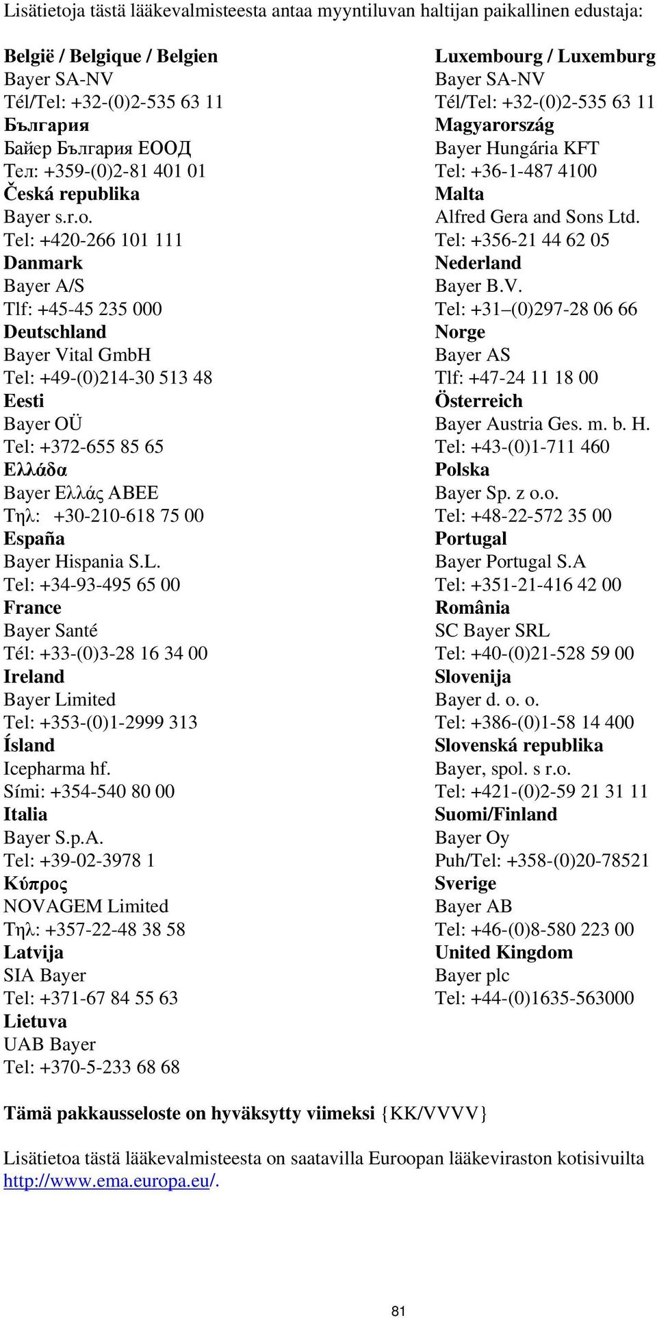 Tel: +420-266 101 111 Danmark Bayer A/S Tlf: +45-45 235 000 Deutschland Bayer Vital GmbH Tel: +49-(0)214-30 513 48 Eesti Bayer OÜ Tel: +372-655 85 65 Ελλάδα Bayer Ελλάς ΑΒΕΕ Τηλ: +30-210-618 75 00