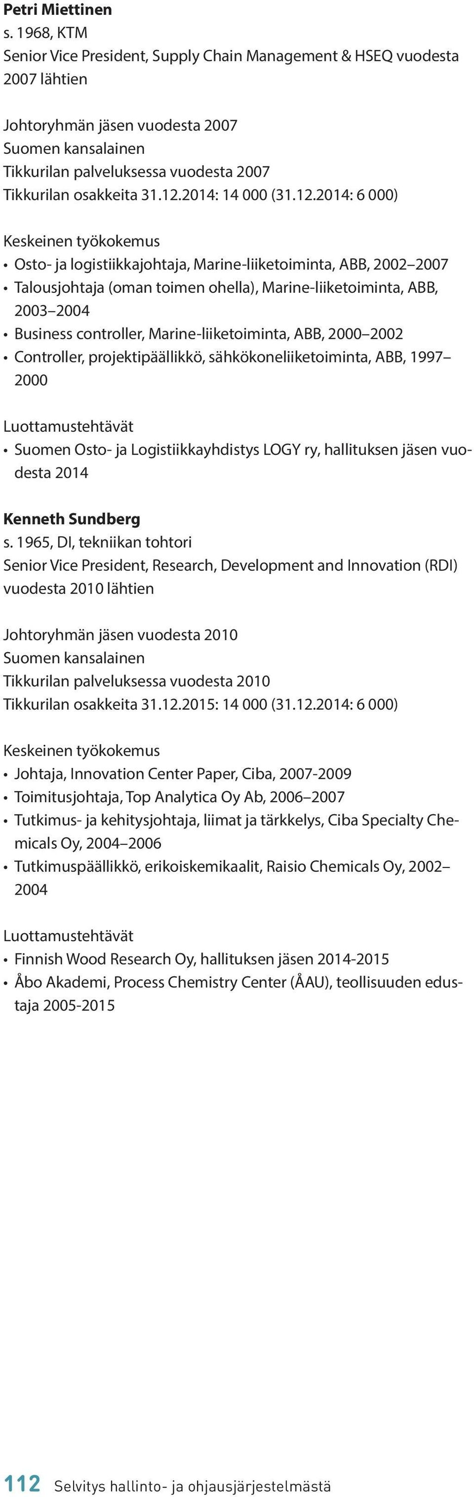 Marine-liiketoiminta, ABB, 2000 2002 Controller, projektipäällikkö, sähkökoneliiketoiminta, ABB, 1997 2000 Suomen Osto- ja Logistiikkayhdistys LOGY ry, hallituksen jäsen vuodesta 2014 Kenneth