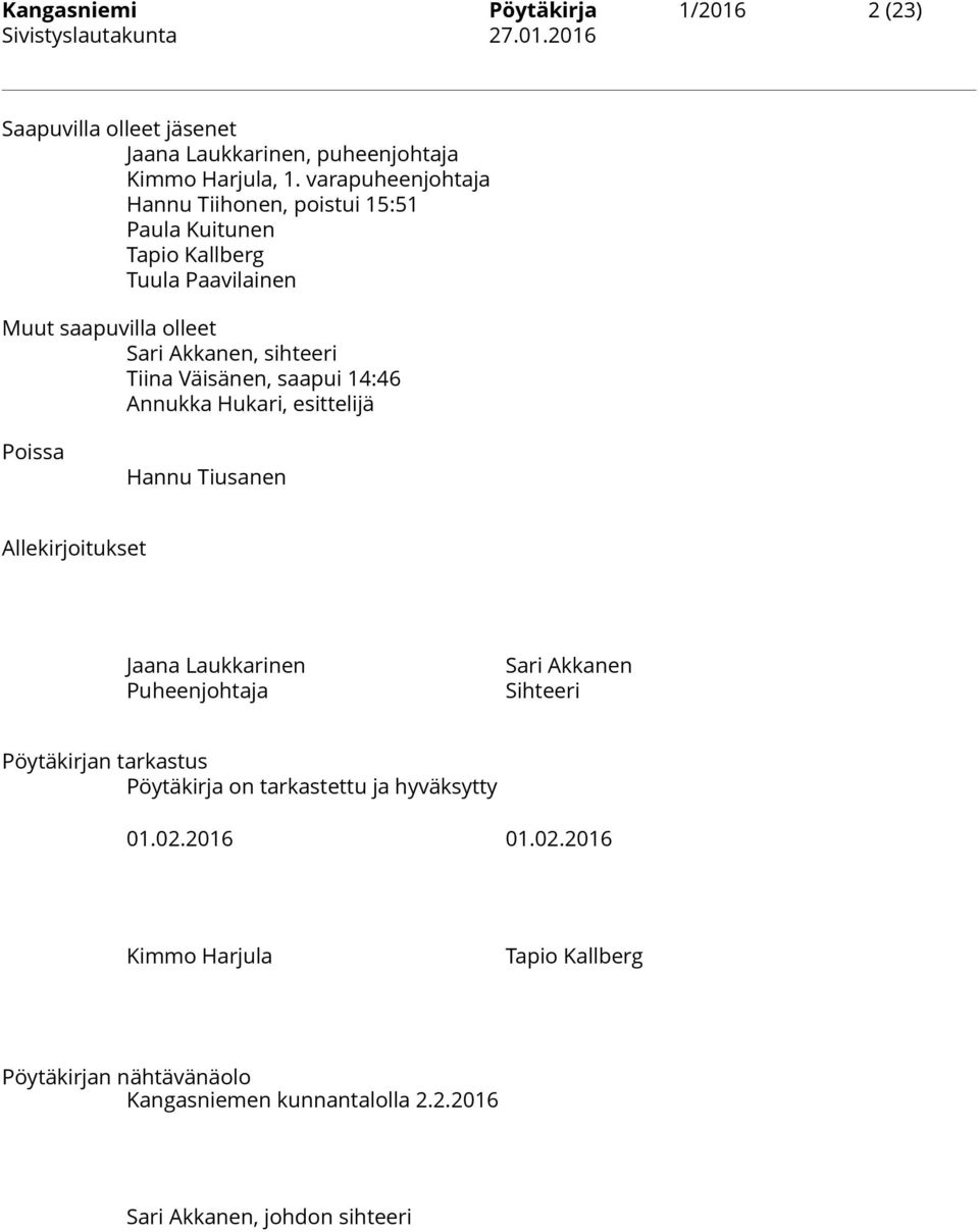 Väisänen, saapui 14:46 Annukka Hukari, esittelijä Poissa Hannu Tiusanen Allekirjoitukset Jaana Laukkarinen Puheenjohtaja Sari Akkanen Sihteeri