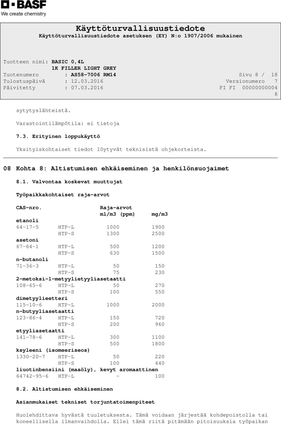 Raja-arvot ml/m3 (ppm) mg/m3 etanoli 64-17-5 HTP-L 1000 1900 HTP-S 1300 2500 asetoni 67-64-1 HTP-L 500 1200 HTP-S 630 1500 n-butanoli 71-36-3 HTP-L 50 150 HTP-S 75 230