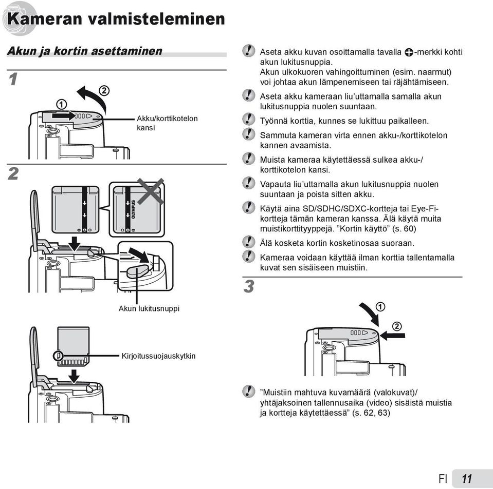 Sammuta kameran virta ennen akku-/korttikotelon kannen avaamista. Muista kameraa käytettäessä sulkea akku-/ korttikotelon kansi.