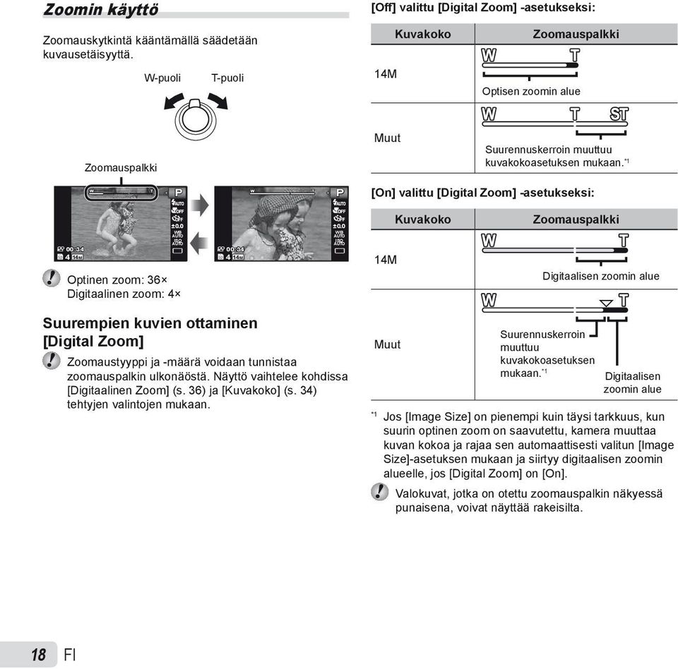 *1 P P [On] valittu [Digital Zoom] -asetukseksi: 0.0 WB ISO 00:34 00:34 4 14M 4 14M Optinen zoom: 36 Digitaalinen zoom: 4 0.