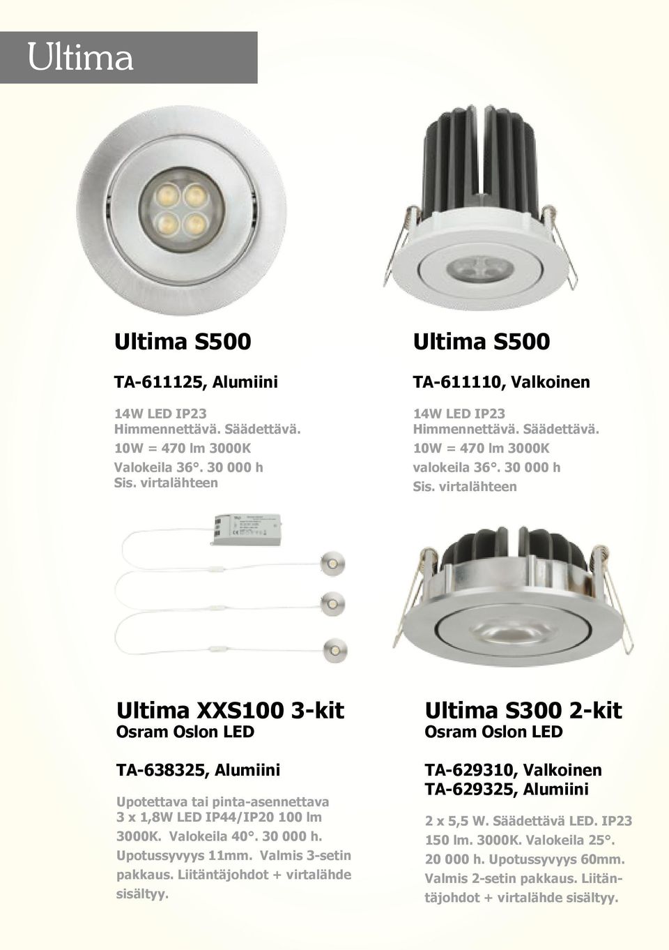 virtalähteen Ultima XXS100 3-kit Osram Oslon LED TA-638325, Alumiini Upotettava tai pinta-asennettava 3 x 1,8W LED IP44/IP20 100 lm 3000K. Valokeila 40. 30 000 h. Upotussyvyys 11mm.