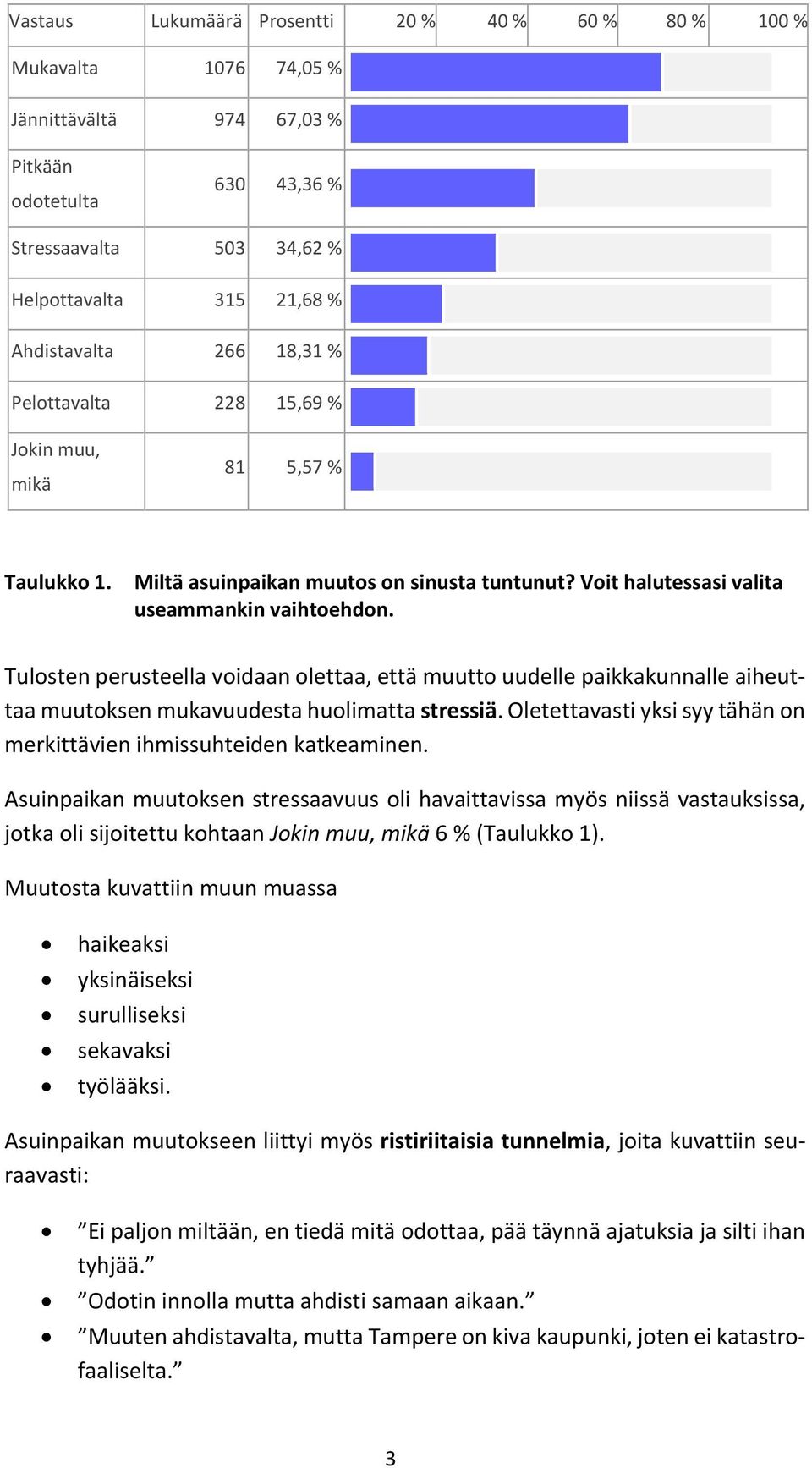 Tulosten perusteella voidaan olettaa, että muutto uudelle paikkakunnalle aiheuttaa muutoksen mukavuudesta huolimatta stressiä. Oletettavasti yksi syy tähän on merkittävien ihmissuhteiden katkeaminen.