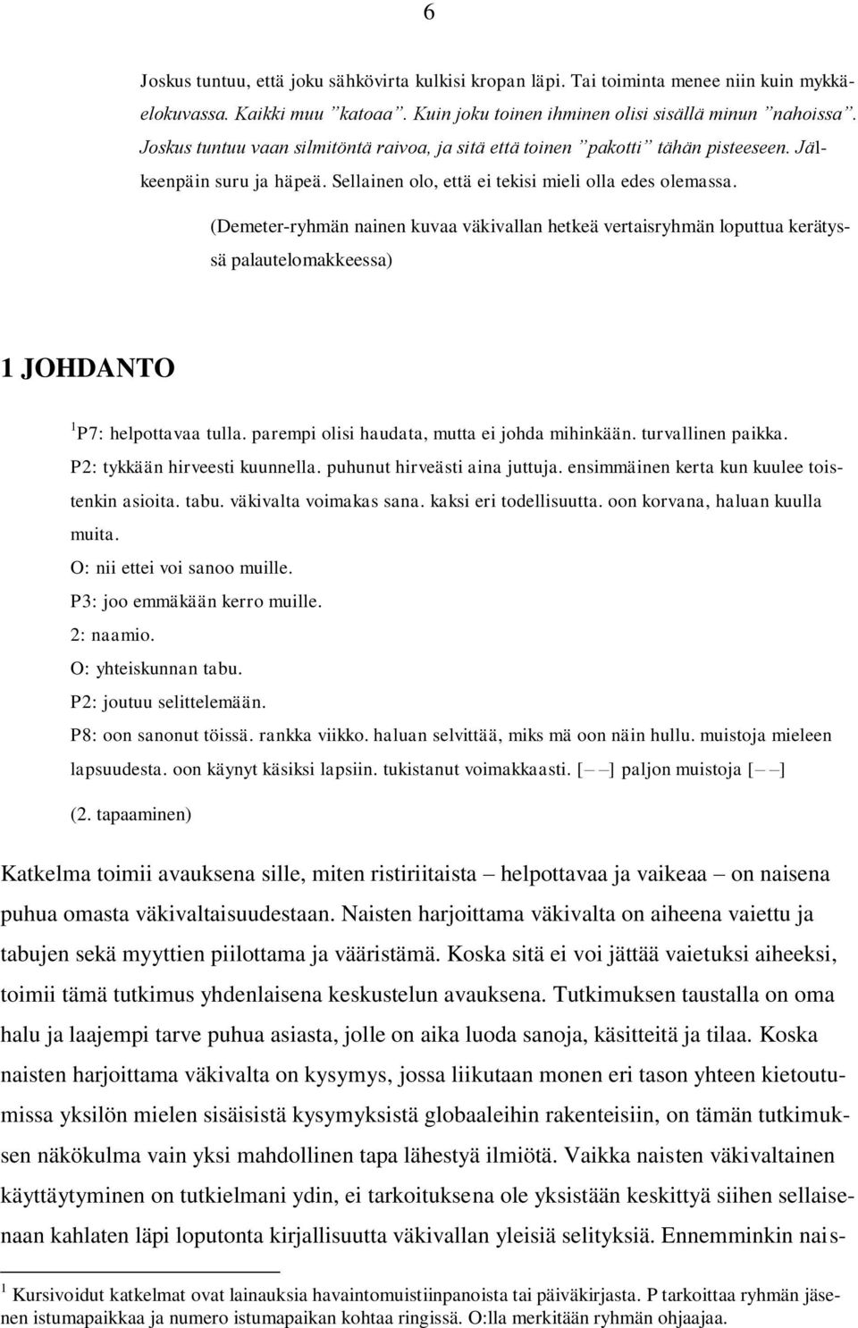 (Demeter-ryhmän nainen kuvaa väkivallan hetkeä vertaisryhmän loputtua kerätyssä palautelomakkeessa) 1 JOHDANTO 1 P7: helpottavaa tulla. parempi olisi haudata, mutta ei johda mihinkään.