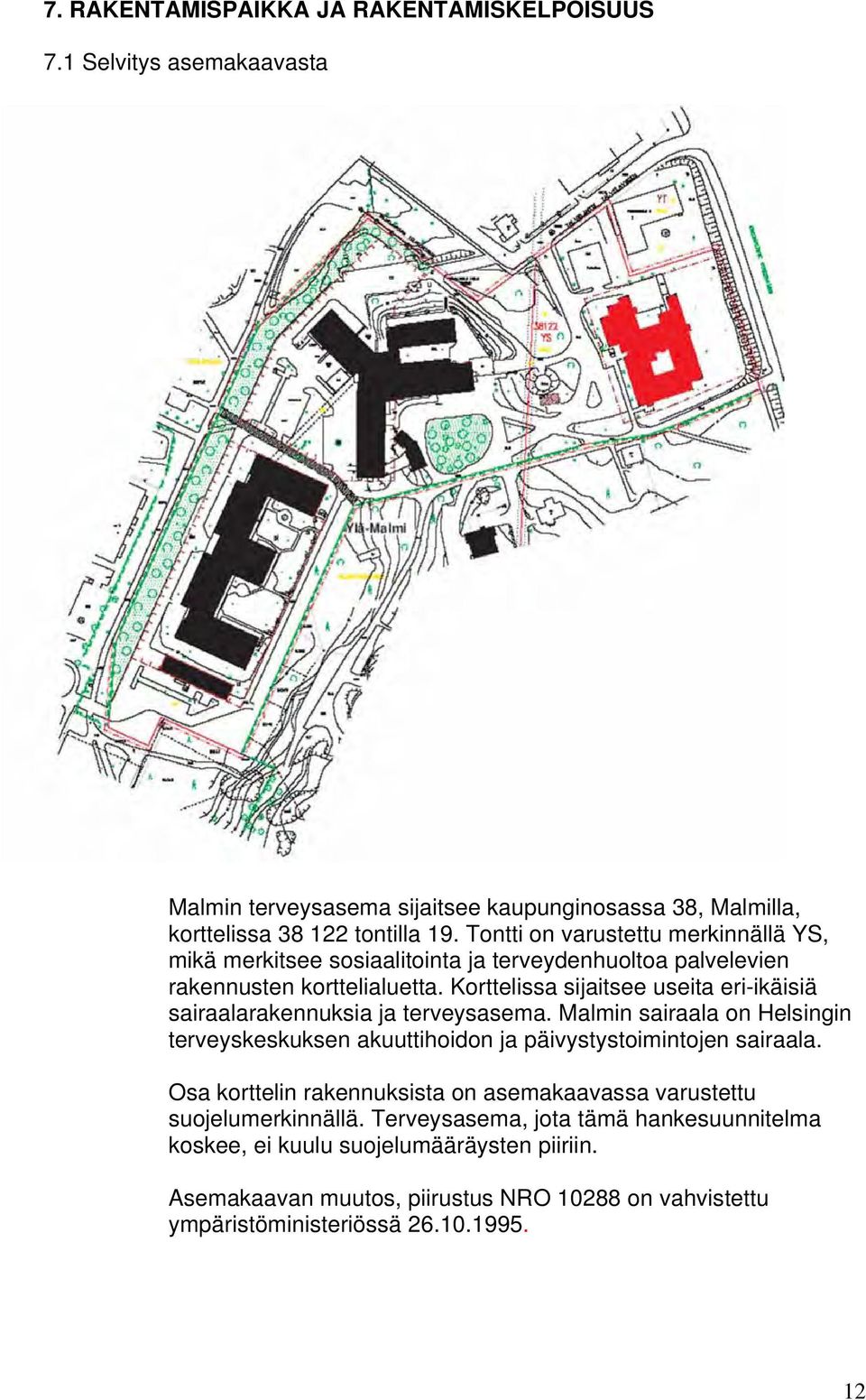 Korttelissa sijaitsee useita eri-ikäisiä sairaalarakennuksia ja terveysasema. Malmin sairaala on Helsingin terveyskeskuksen akuuttihoidon ja päivystystoimintojen sairaala.