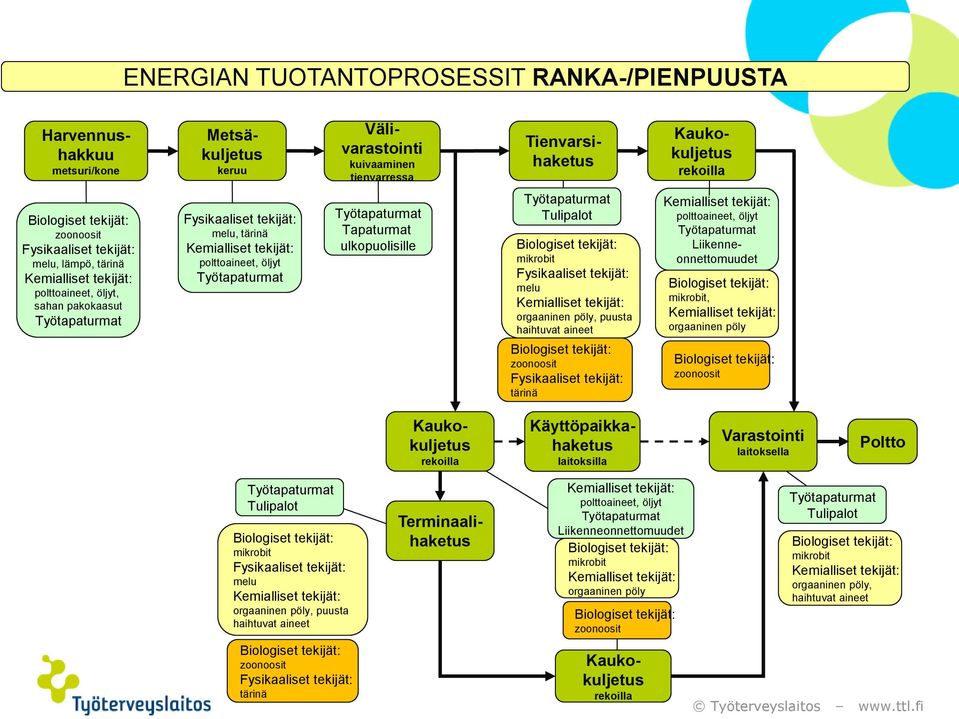 zoonoosit tärinä polttoaineet, öljyt Liikenneonnettomuudet, orgaaninen pöly zoonoosit Käyttöpaikkahaketus laitoksilla Varastointi laitoksella Poltto Tulipalot melu