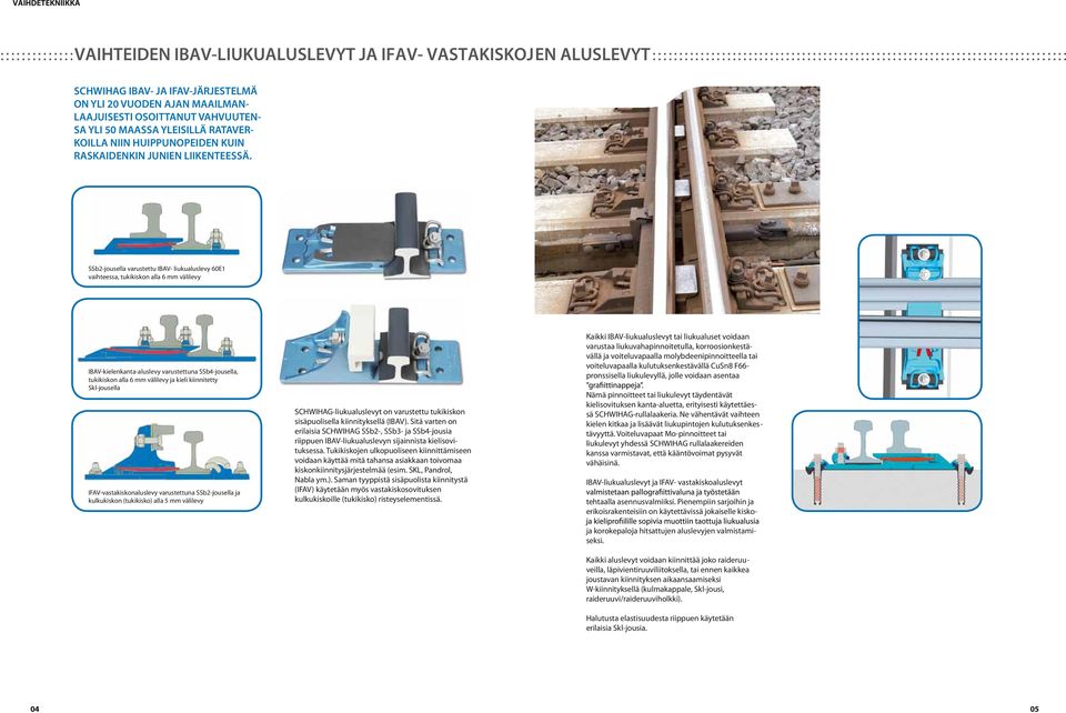 SSb2-jousella varustettu IBAV- liukualuslevy 60E1 vaihteessa, tukikiskon alla 6 mm välilevy IBAV-kielenkanta-aluslevy varustettuna SSb4-jousella, tukikiskon alla 6 mm välilevy ja kieli kiinnitetty