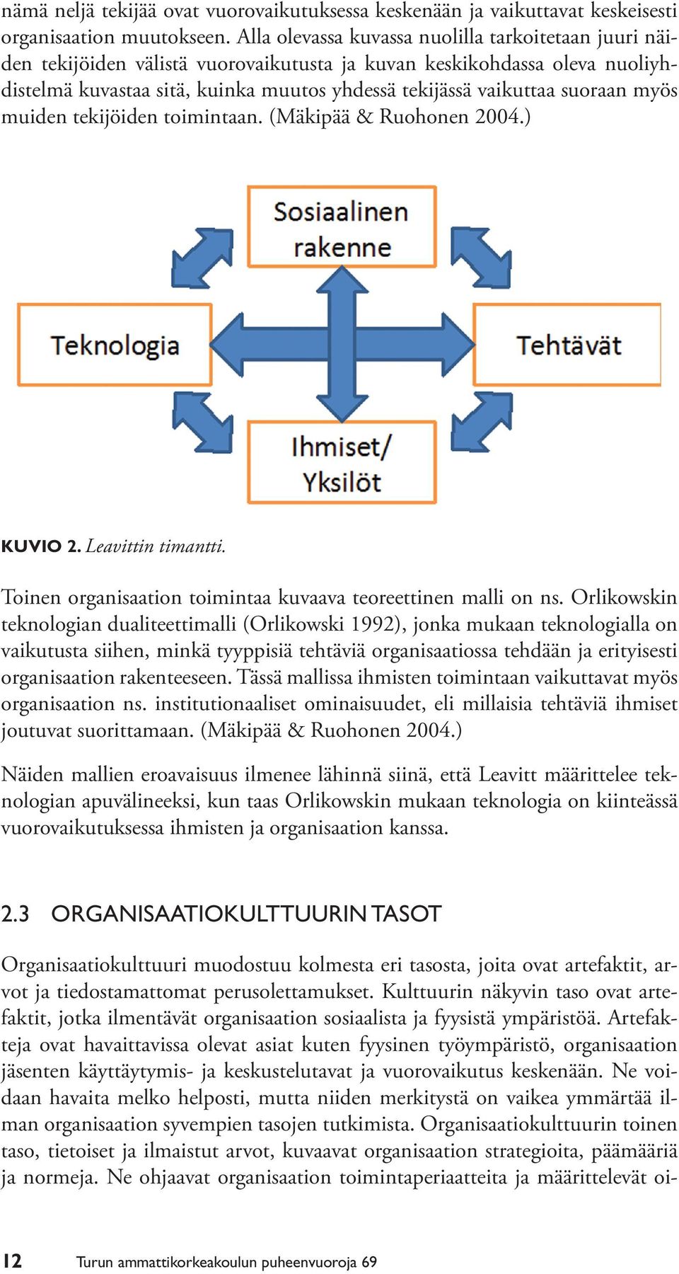 suoraan myös muiden tekijöiden toimintaan. (Mäkipää & Ruohonen 2004.) KUVIO 2. Leavittin timantti. Toinen organisaation toimintaa kuvaava teoreettinen malli on ns.