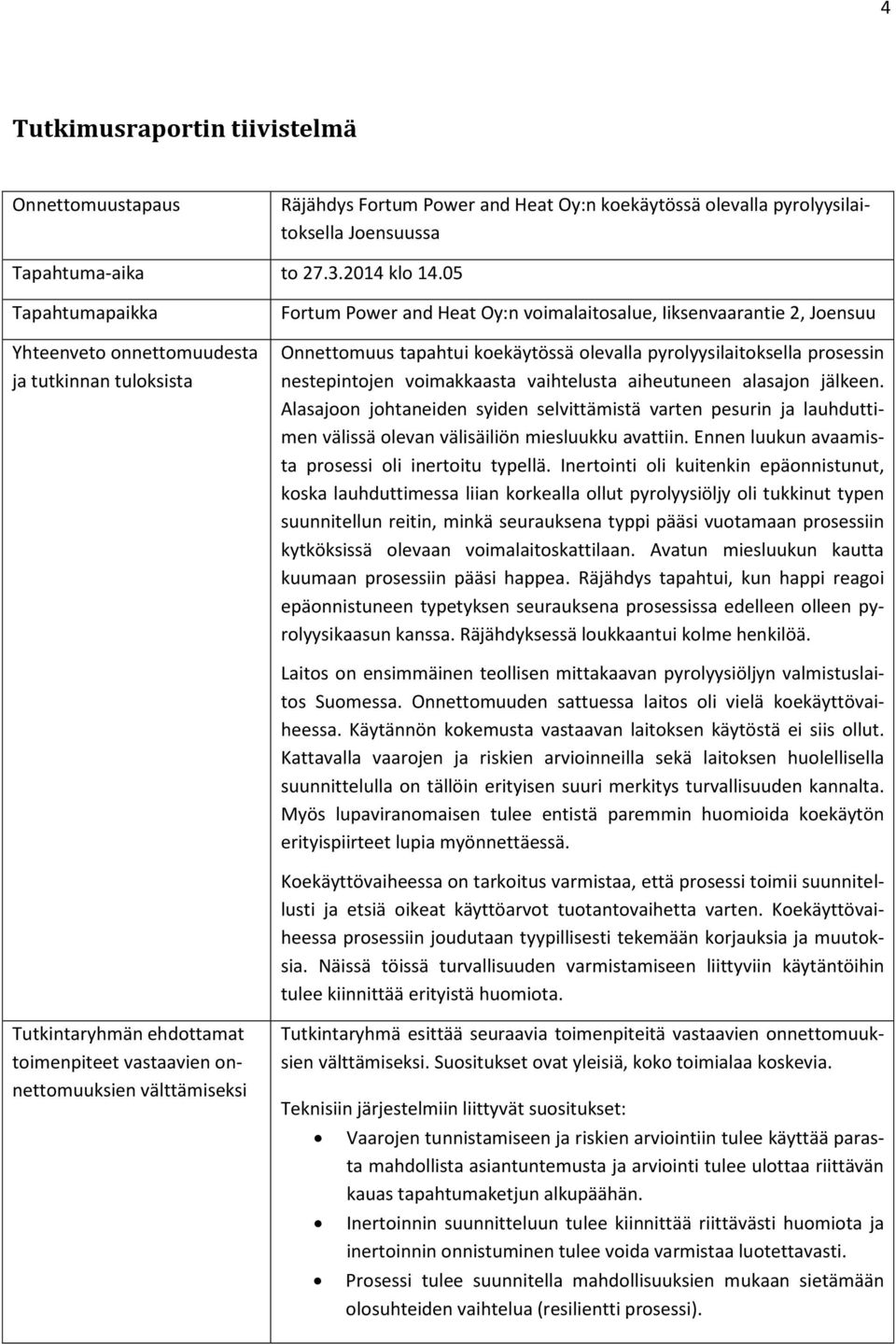 pyrolyysilaitoksella prosessin nestepintojen voimakkaasta vaihtelusta aiheutuneen alasajon jälkeen.