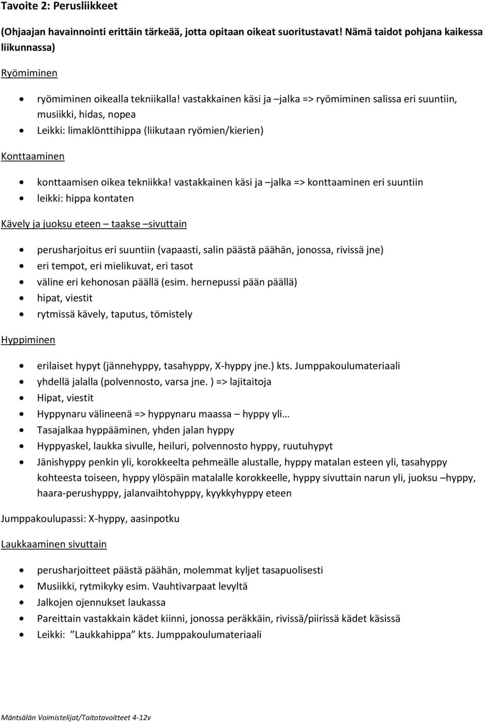 vastakkainen käsi ja jalka => konttaaminen eri suuntiin leikki: hippa kontaten Kävely ja juoksu eteen taakse sivuttain Hyppiminen perusharjoitus eri suuntiin (vapaasti, salin päästä päähän, jonossa,