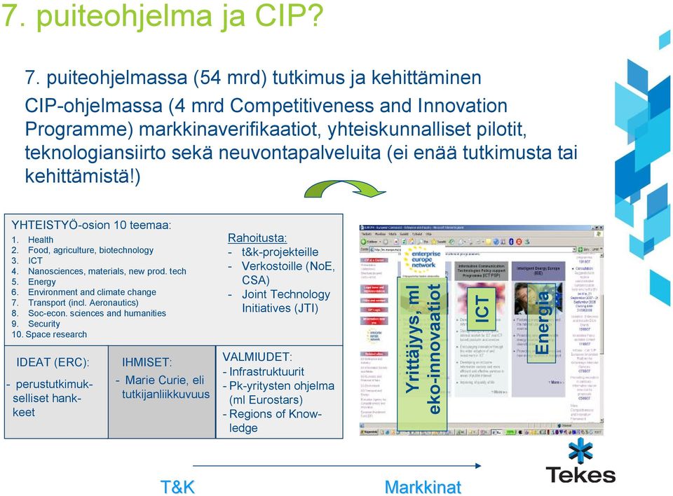 neuvontapalveluita (ei enää tutkimusta tai kehittämistä!) YHTEISTYÖ osion 10 teemaa: 1. Health 2. Food, agriculture, biotechnology 3. ICT 4. Nanosciences, materials, new prod. tech 5. Energy 6.