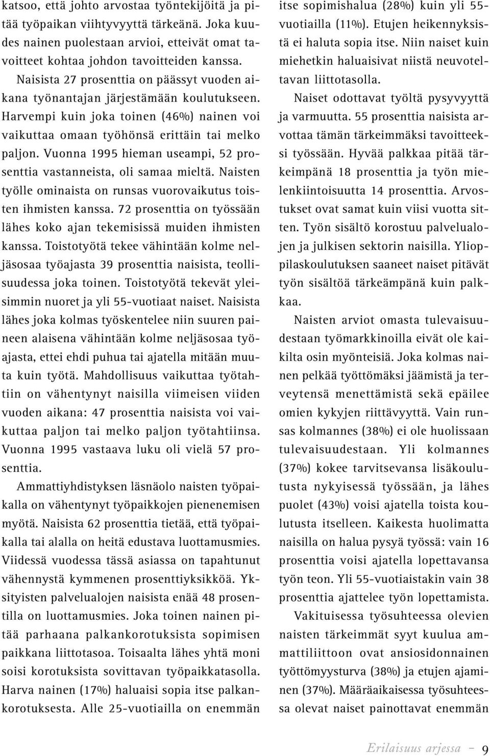 Vuonna 1995 hieman useampi, 52 prosenttia vastanneista, oli samaa mieltä. Naisten työlle ominaista on runsas vuorovaikutus toisten ihmisten kanssa.