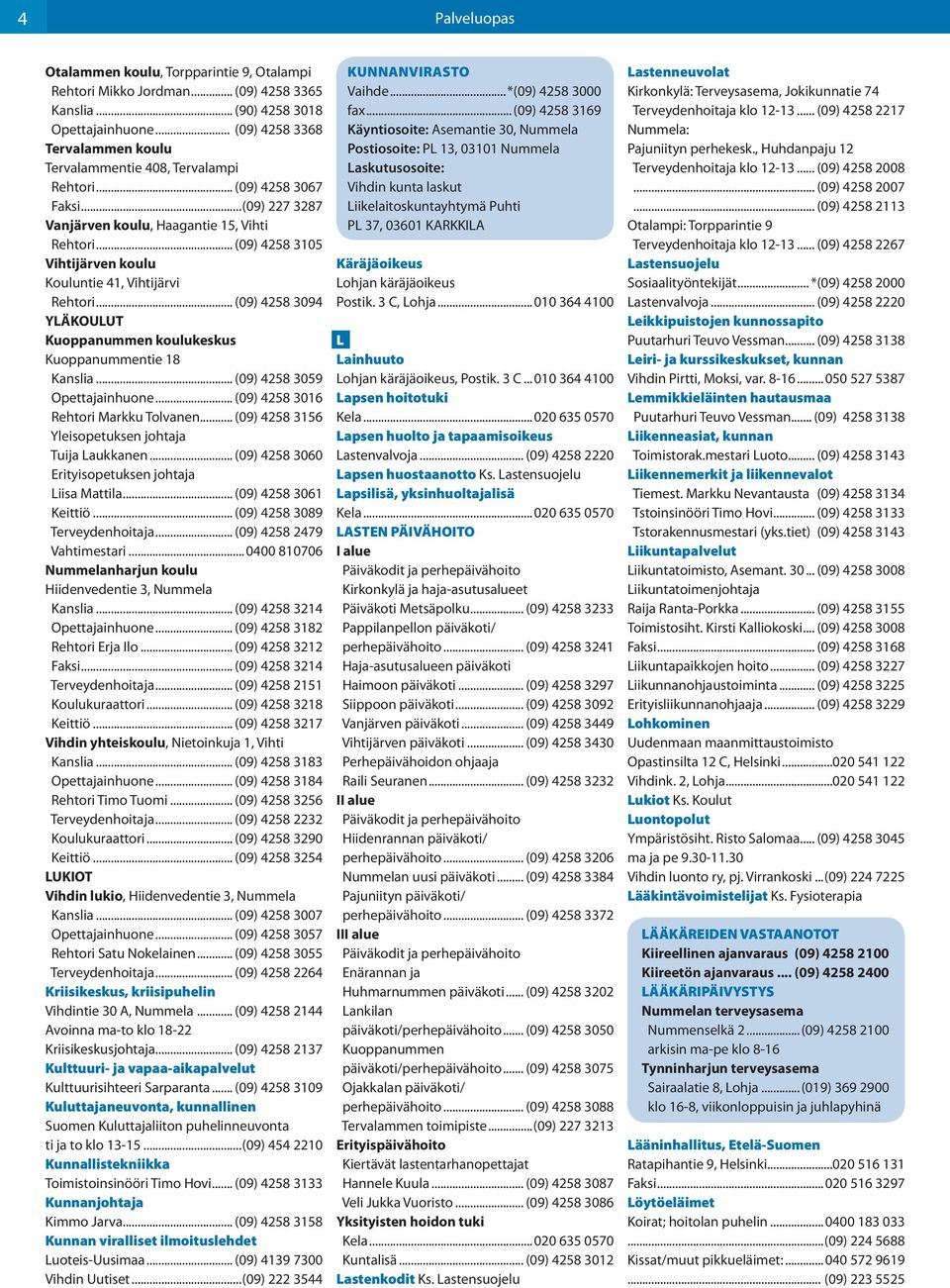 Kuoppanummentie 18 Kanslia (09) 4258 3059 Opettajainhuone (09) 4258 3016 Rehtori Markku Tolvanen (09) 4258 3156 Yleisopetuksen johtaja Tuija Laukkanen (09) 4258 3060 Erityisopetuksen johtaja Liisa