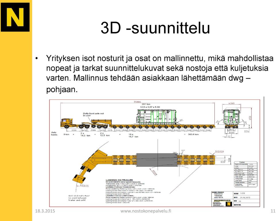 suunnittelukuvat sekä nostoja että kuljetuksia varten.