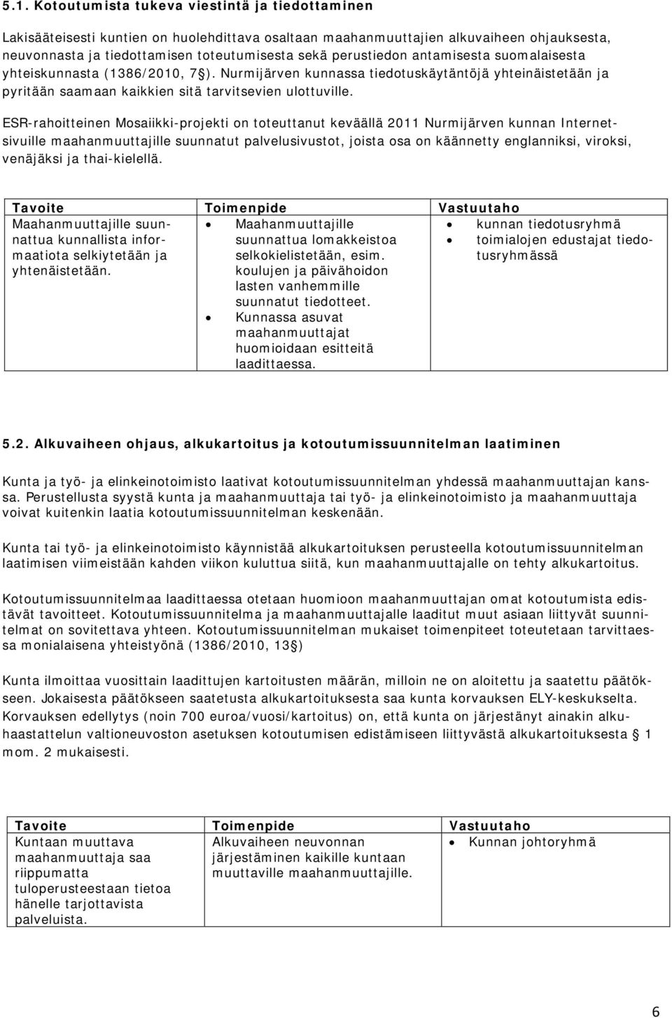 ESR-rahoitteinen Mosaiikki-projekti on toteuttanut keväällä 2011 Nurmijärven kunnan Internetsivuille maahanmuuttajille suunnatut palvelusivustot, joista osa on käännetty englanniksi, viroksi,