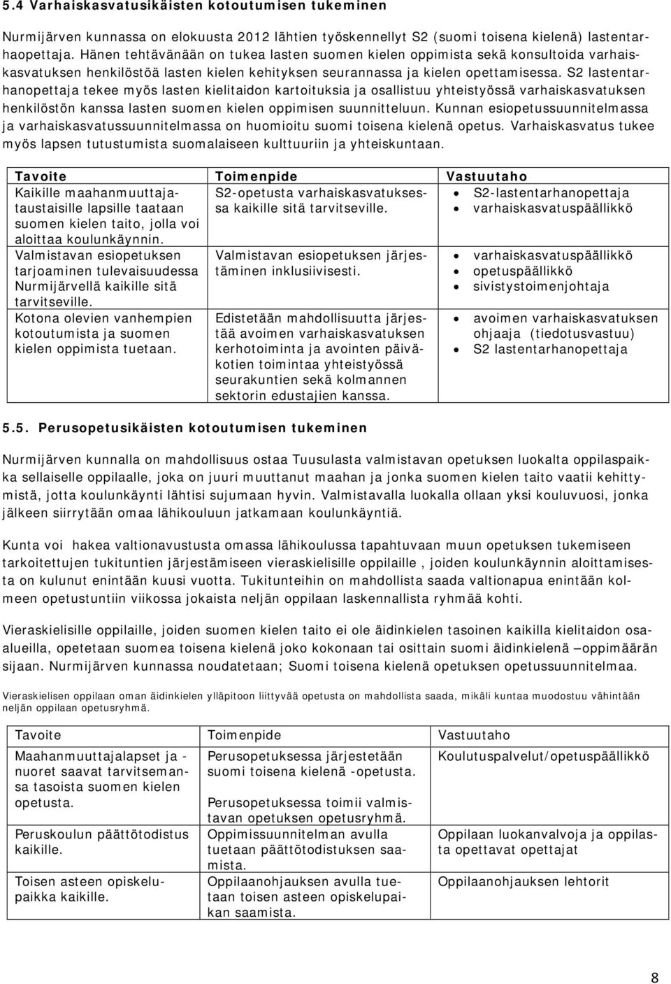 S2 lastentarhanopettaja tekee myös lasten kielitaidon kartoituksia ja osallistuu yhteistyössä varhaiskasvatuksen henkilöstön kanssa lasten suomen kielen oppimisen suunnitteluun.