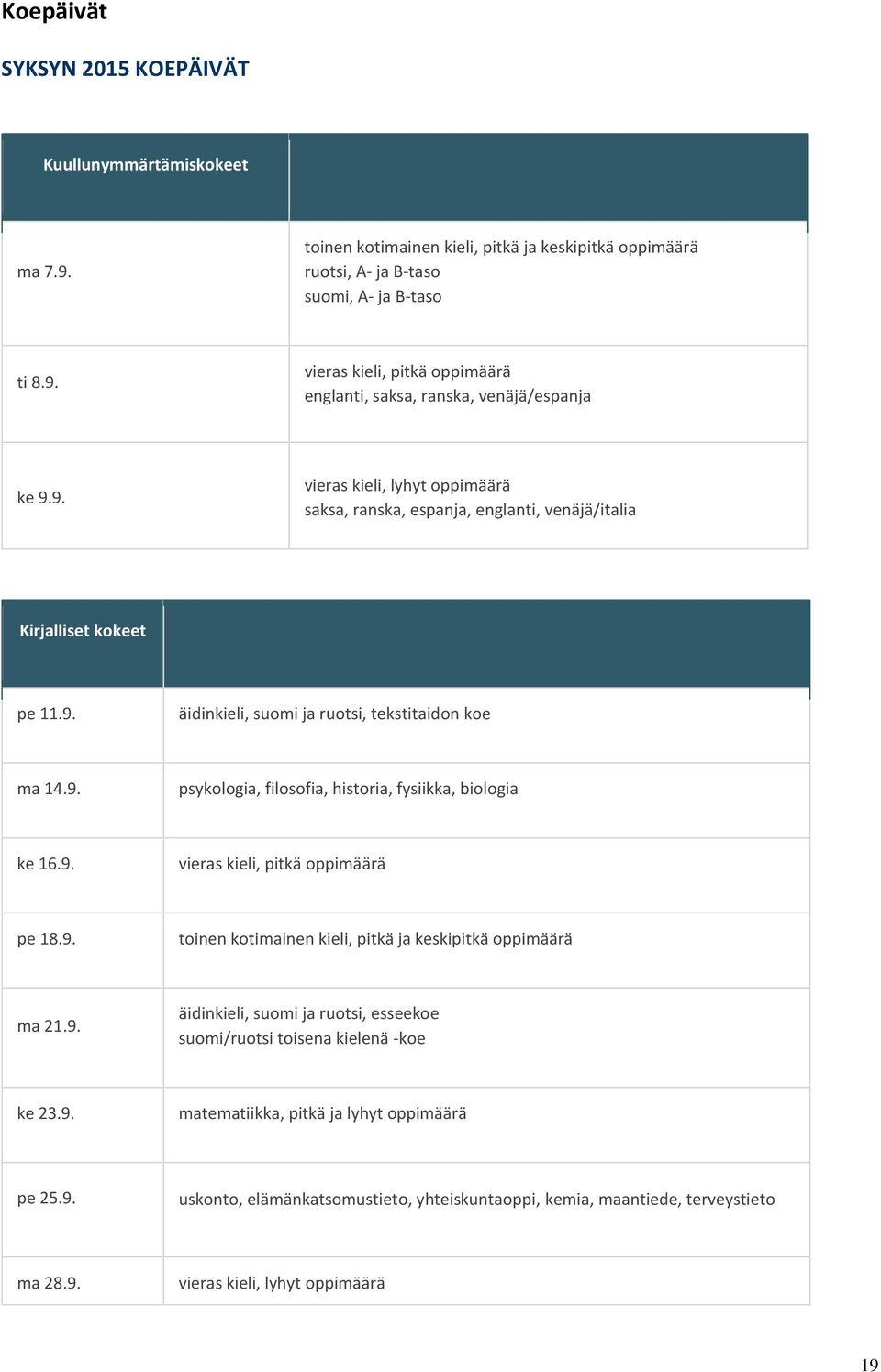 9. vieras kieli, pitkä oppimäärä pe 18.9. toinen kotimainen kieli, pitkä ja keskipitkä oppimäärä ma 21.9. äidinkieli, suomi ja ruotsi, esseekoe suomi/ruotsi toisena kielenä -koe ke 23.9. matematiikka, pitkä ja lyhyt oppimäärä pe 25.