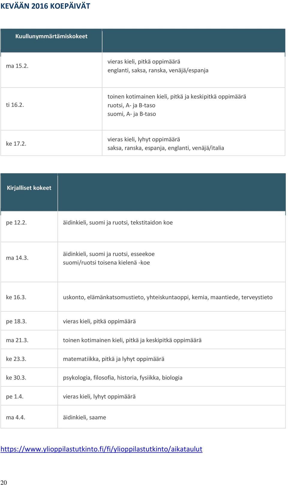äidinkieli, suomi ja ruotsi, esseekoe suomi/ruotsi toisena kielenä -koe ke 16.3. uskonto, elämänkatsomustieto, yhteiskuntaoppi, kemia, maantiede, terveystieto pe 18.3. vieras kieli, pitkä oppimäärä ma 21.
