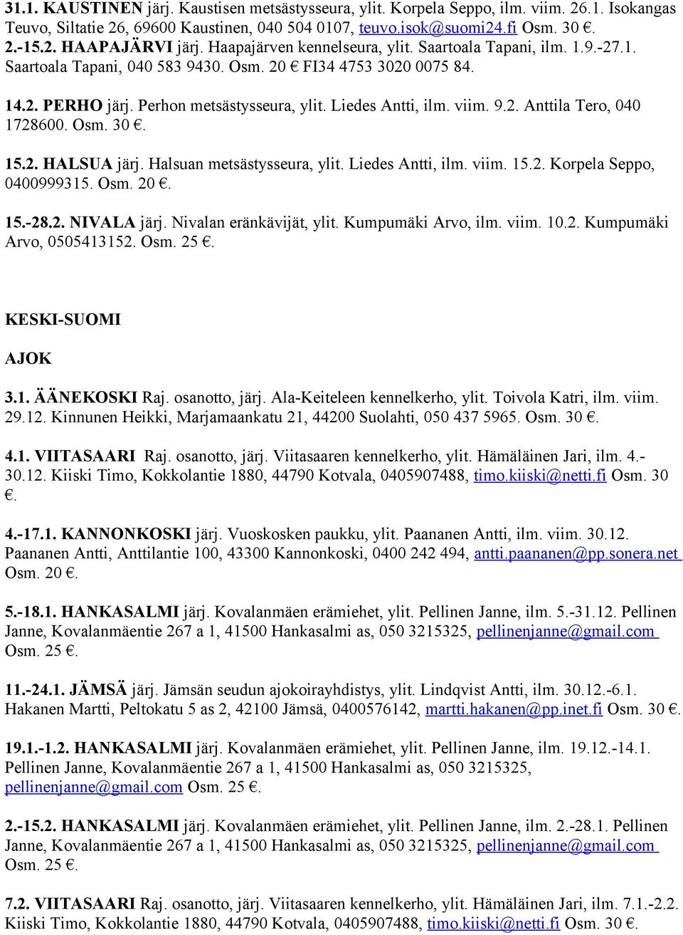 9.2. Anttila Tero, 040 1728600. Osm. 30. 15.2. HALSUA järj. Halsuan metsästysseura, ylit. Liedes Antti, ilm. viim. 15.2. Korpela Seppo, 0400999315. Osm. 20. 15.-28.2. NIVALA järj.