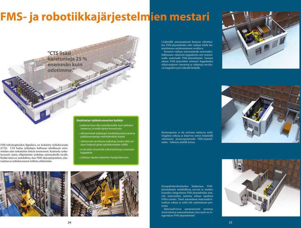 Prosessit voidaan automatisoida materiaalinhallinnasta valmiisiin kappaleisiin asti varastoimalla materiaalit FMS-järjestelmään.
