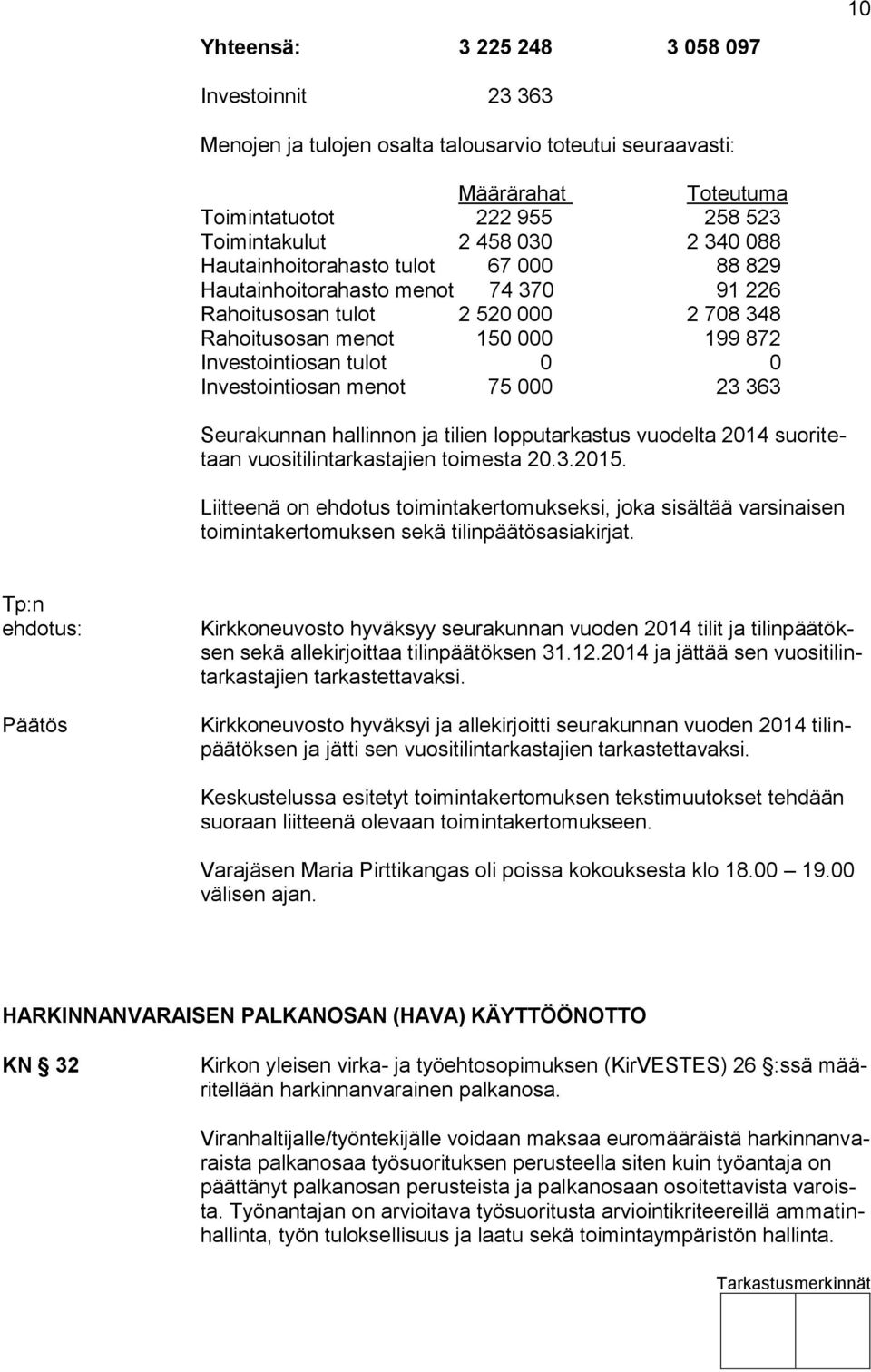 menot 75 000 23 363 Seurakunnan hallinnon ja tilien lopputarkastus vuodelta 2014 suoritetaan vuositilintarkastajien toimesta 20.3.2015.