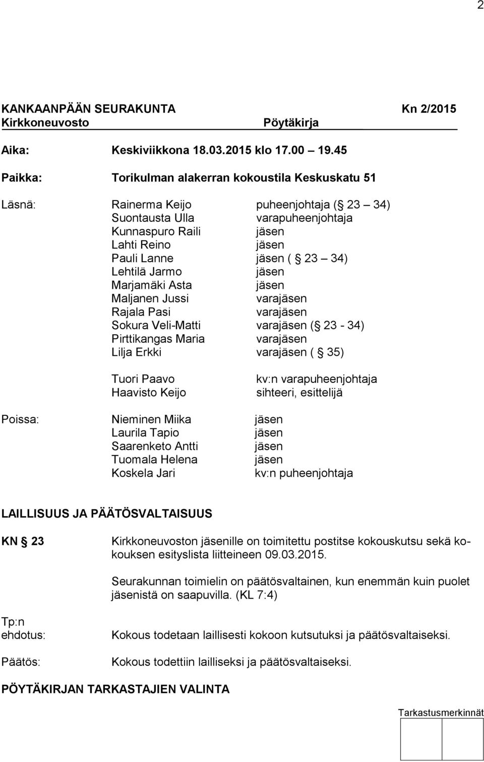 34) Lehtilä Jarmo jäsen Marjamäki Asta jäsen Maljanen Jussi varajäsen Rajala Pasi varajäsen Sokura Veli-Matti varajäsen ( 23-34) Pirttikangas Maria varajäsen Lilja Erkki varajäsen ( 35) Tuori Paavo