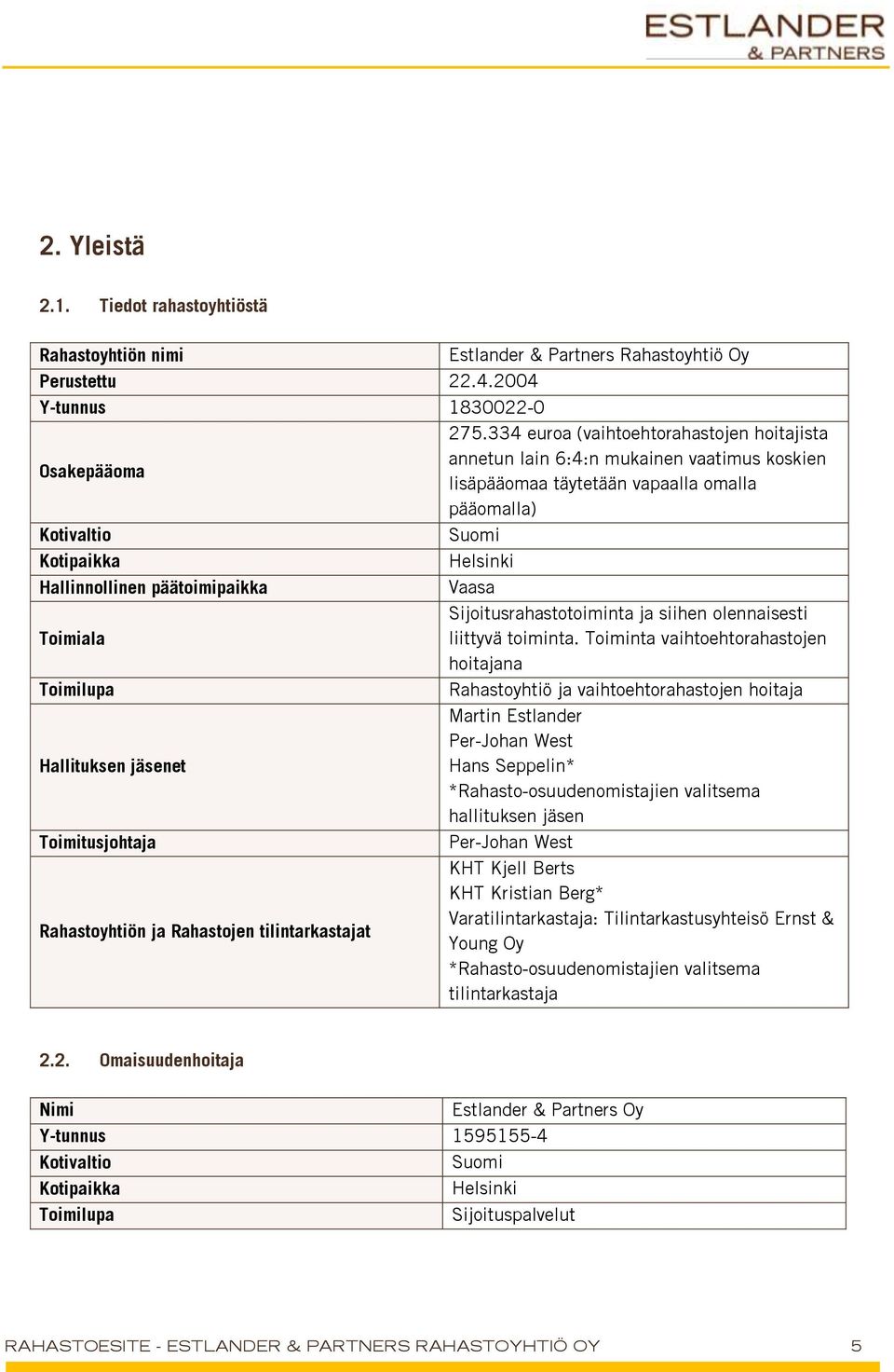 Hallinnollinen päätoimipaikka Vaasa Sijoitusrahastotoiminta ja siihen olennaisesti Toimiala liittyvä toiminta.