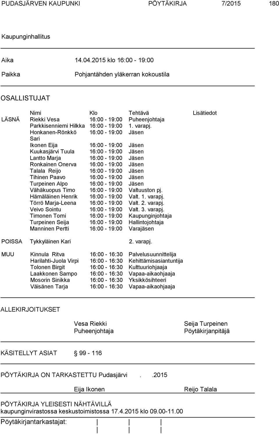 Honkanen-Rönkkö 16:00-19:00 Jäsen Sari Ikonen Eija 16:00-19:00 Jäsen Kuukasjärvi Tuula 16:00-19:00 Jäsen Lantto Marja 16:00-19:00 Jäsen Ronkainen Onerva 16:00-19:00 Jäsen Talala Reijo 16:00-19:00