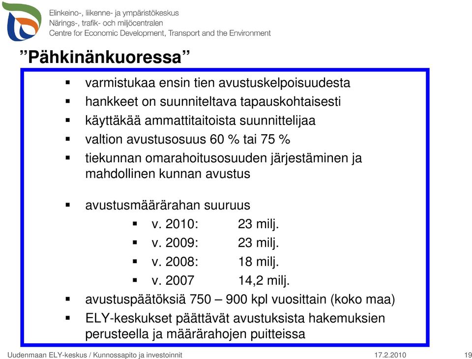 mahdollinen kunnan avustus avustusmäärärahan suuruus v. 2010: v. 2009: v. 2008: v. 2007 23 milj. 23 milj. 18 milj.