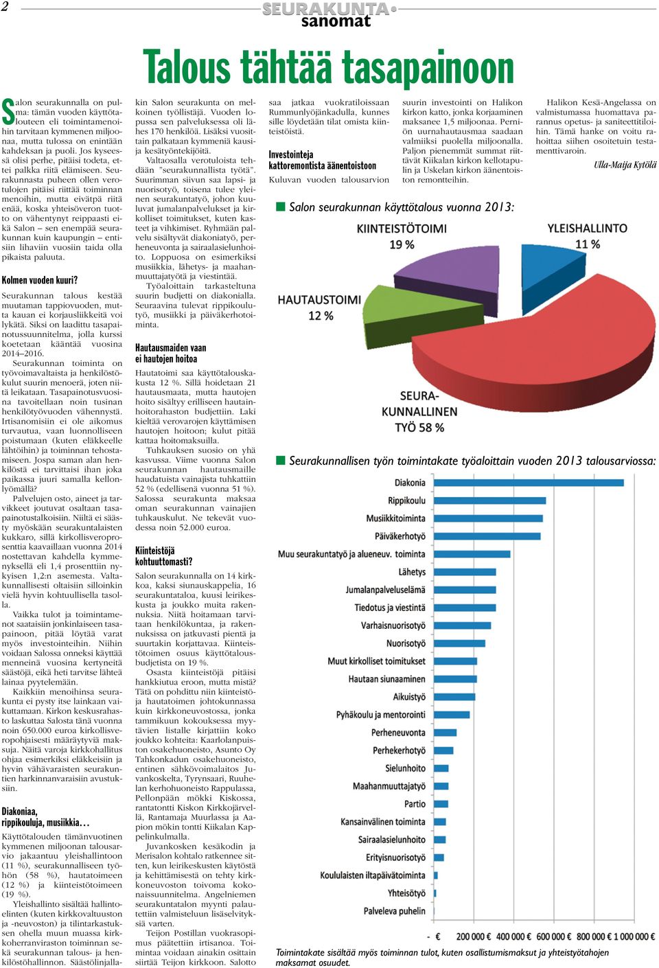 Seurakunnasta puheen ollen verotulojen pitäisi riittää toiminnan menoihin, mutta eivätpä riitä enää, koska yhteisöveron tuotto on vähentynyt reippaasti eikä Salon sen enempää seurakunnan kuin