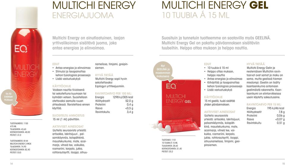 EQ EVERYDAY PLUSsaan TUOTENUMERO: 1150 475 ML TILAUSHINTA: 43,60 KERTAOSTOHINTA: 48,00 PISTEET: 31,0 TUOTENUMERO: 8144 MULTICHI ENERGY 2-PACK TILAUSHINTA: 74,90 KERTAOSTOHINTA: 82,40 PISTEET: 53,0