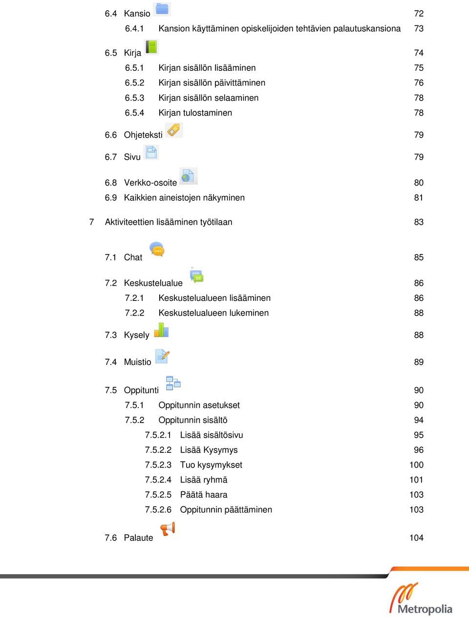 2 Keskustelualue 86 7.2.1 Keskustelualueen lisääminen 86 7.2.2 Keskustelualueen lukeminen 88 7.3 Kysely 88 7.4 Muistio 89 7.5 Oppitunti 90 7.5.1 Oppitunnin asetukset 90 7.5.2 Oppitunnin sisältö 94 7.
