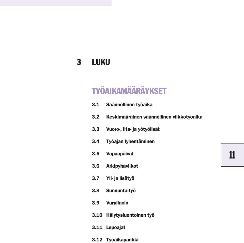 3 Vuoro-, ilta- ja yötyölisät 3.4 Työajan lyhentäminen 3.5 Vapaapäivät 3.