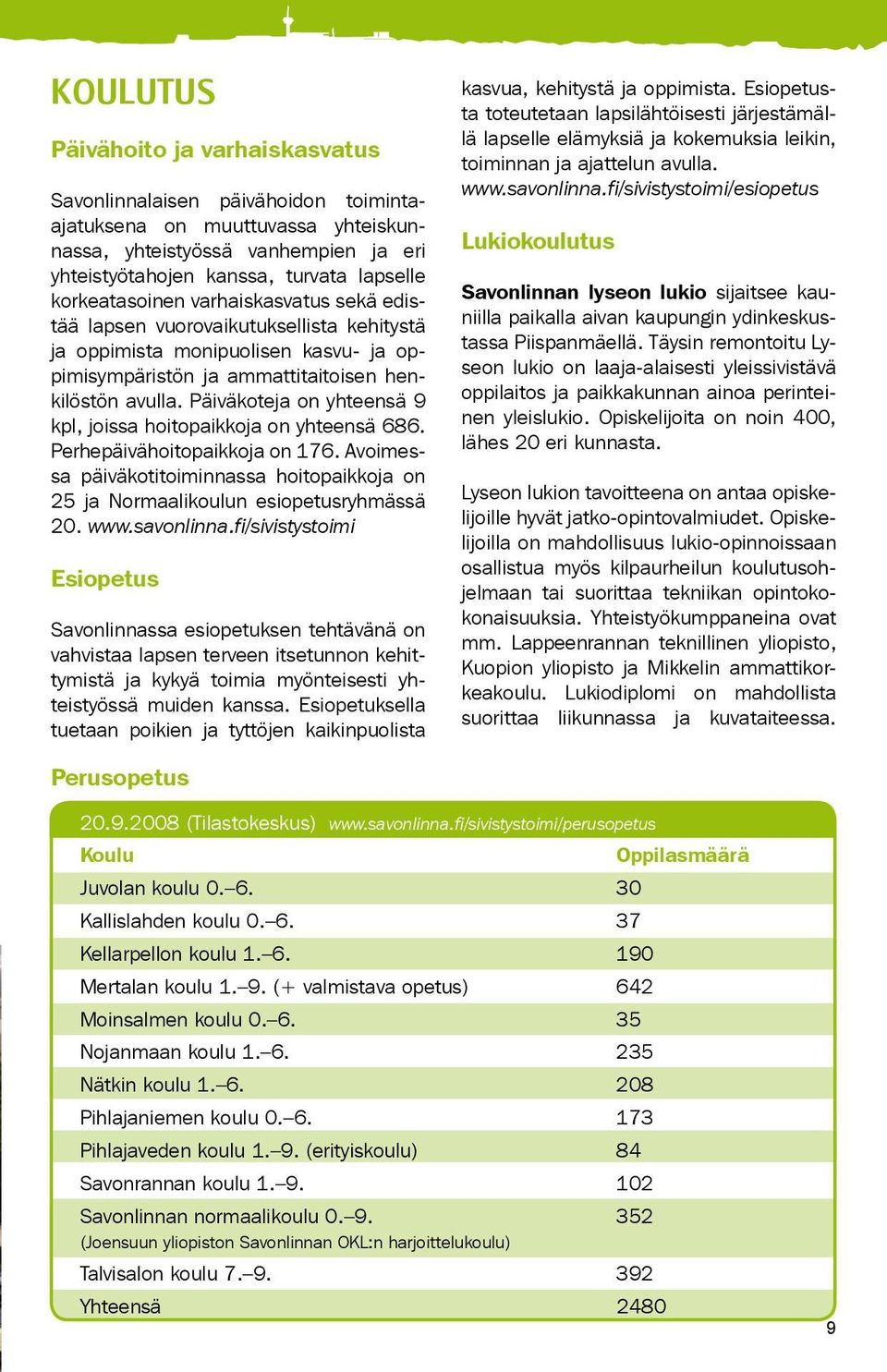 Päiväkoteja on yhteensä 9 kpl, joissa hoitopaikkoja on yhteensä 686. Perhepäivähoitopaikkoja on 176. Avoimessa päiväkotitoiminnassa hoitopaikkoja on 25 ja Normaalikoulun esiopetusryhmässä 20. www.