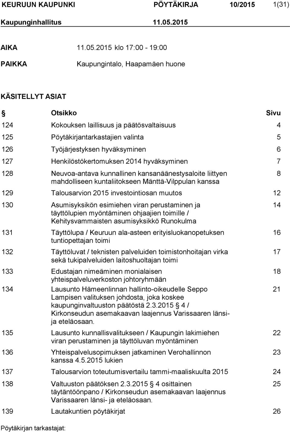 2015 klo 17:00-19:00 PAIKKA Kaupungintalo, Haapamäen huone KÄSITELLYT ASIAT Otsikko Sivu 124 Kokouksen laillisuus ja päätösvaltaisuus 4 125 Pöytäkirjantarkastajien valinta 5 126 Työjärjestyksen