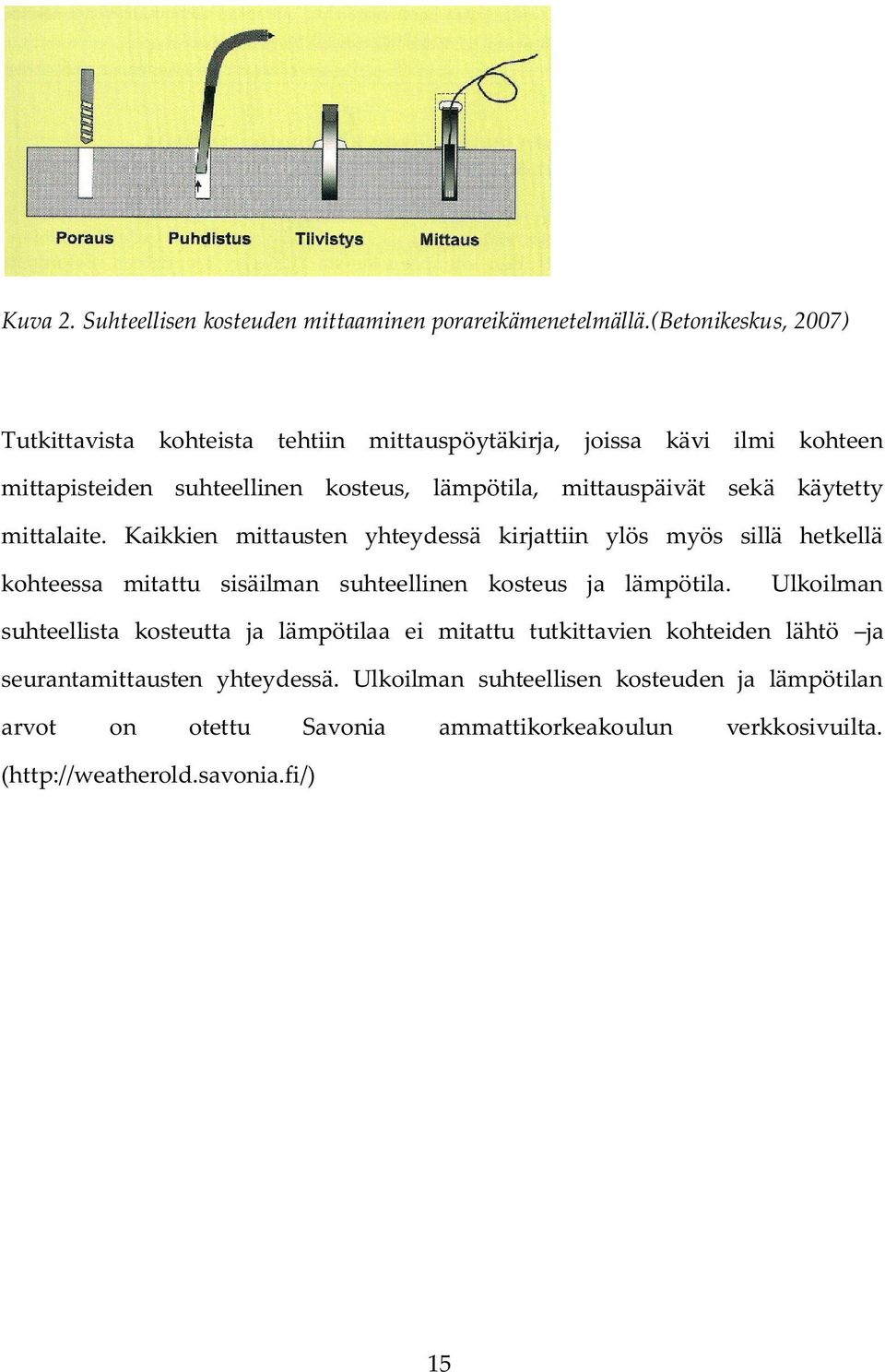 sekä käytetty mittalaite. Kaikkien mittausten yhteydessä kirjattiin ylös myös sillä hetkellä kohteessa mitattu sisäilman suhteellinen kosteus ja lämpötila.