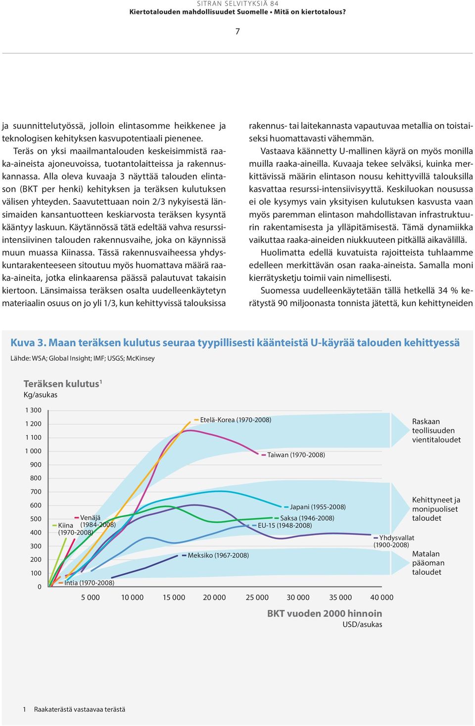 Alla oleva kuvaaja 3 näyttää talouden elintason (BKT per henki) kehityksen ja teräksen kulutuksen välisen yhteyden.