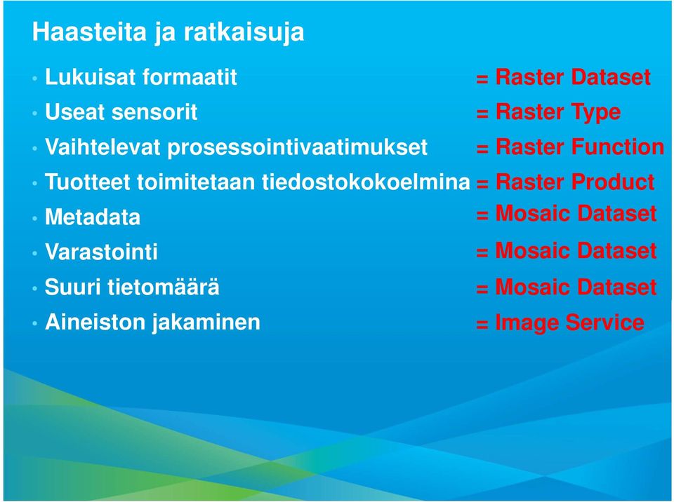 Varastointi Suuri tietomäärä Aineiston jakaminen = Raster Dataset = Raster Type