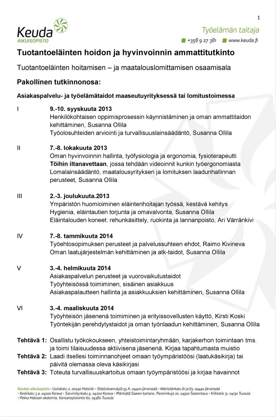 syyskuuta 2013 Henkilökohtaisen oppimisprosessin käynnistäminen ja oman ammattitaidon kehittäminen, Susanna Ollila Työolosuhteiden arviointi ja turvallisuuslainsäädäntö, Susanna Ollila II 7.-8.