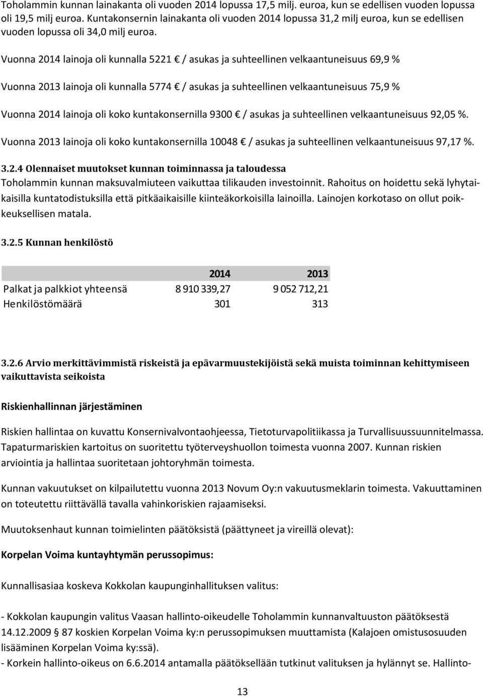 Vuonna 2014 lainoja oli kunnalla 5221 / asukas ja suhteellinen velkaantuneisuus 69,9 % Vuonna 2013 lainoja oli kunnalla 5774 / asukas ja suhteellinen velkaantuneisuus 75,9 % Vuonna 2014 lainoja oli